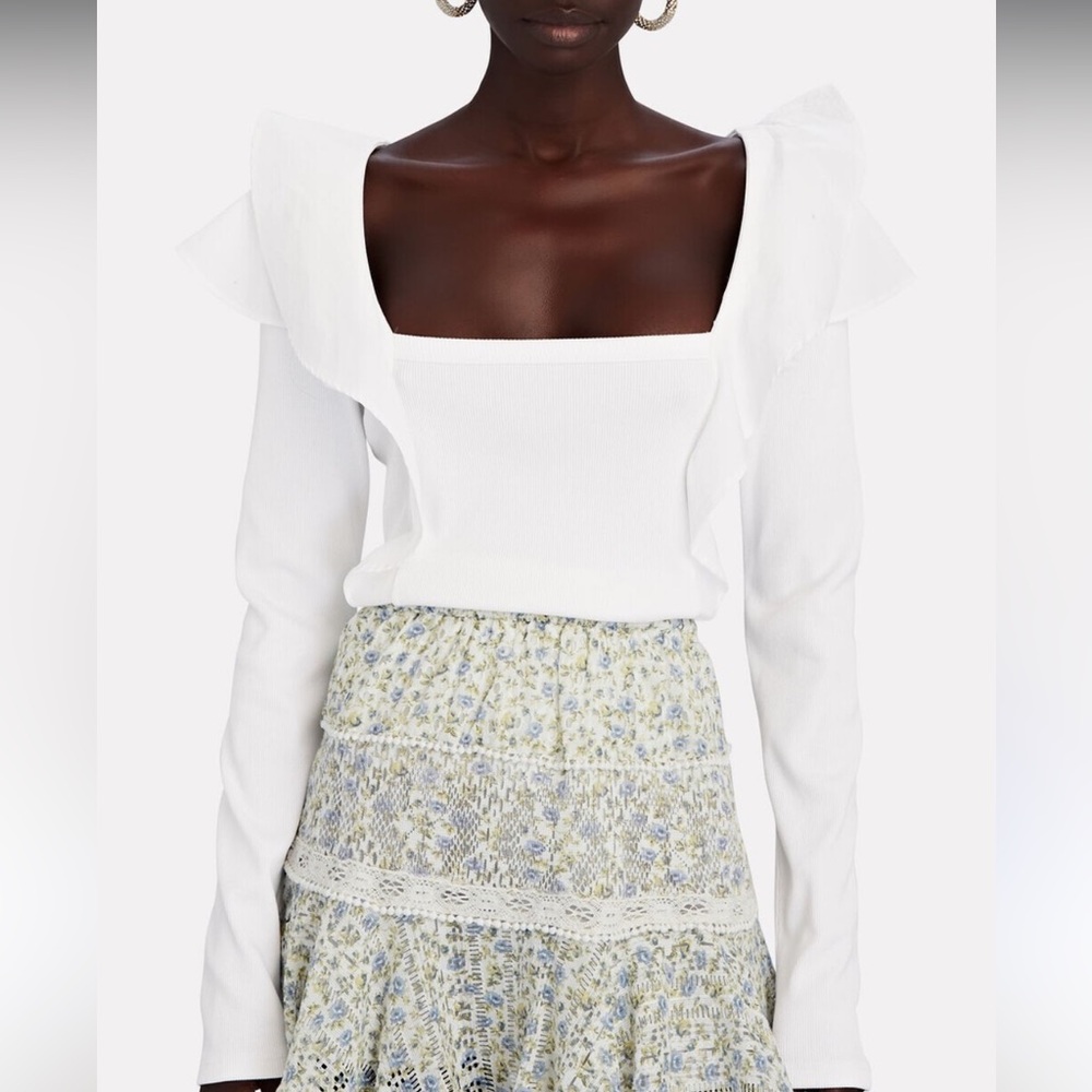 Veronica Beard size M Gidea Ruffled Ribbed Stretch Pima Cotton Jersey Top white
